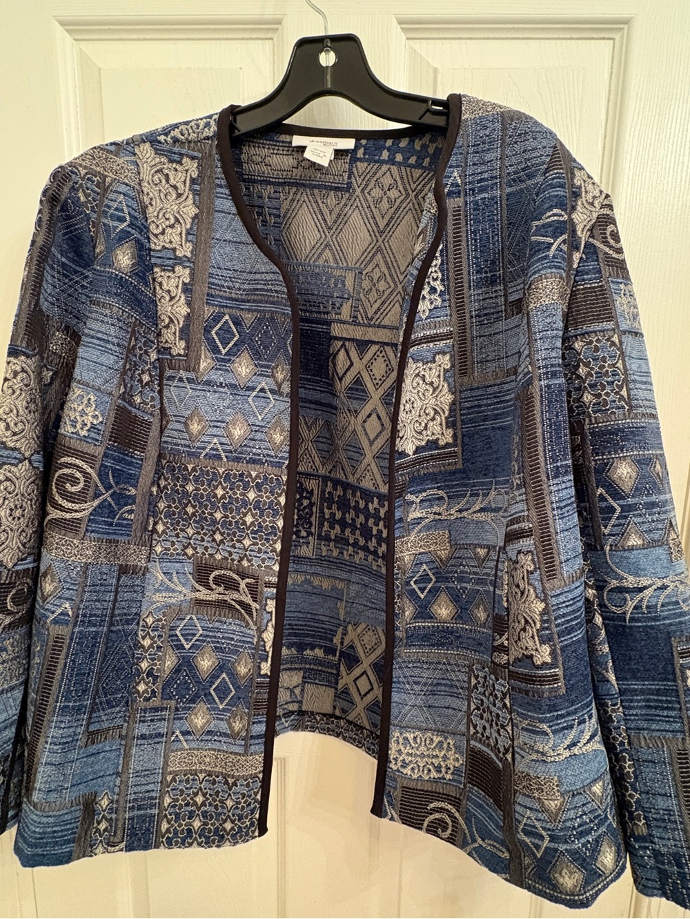 Dressbarn Tapestry Open Front Blazer Jacket Blues Patchwork Patterns 18/20 NWT